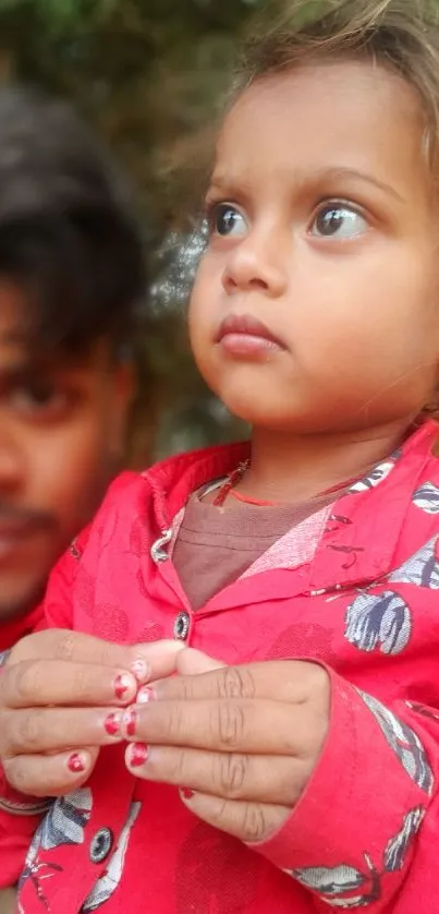 Child in a red jacket outdoors with blurred background.