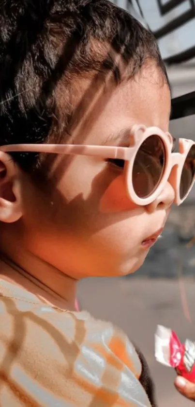 Cute child wearing sunglasses in warm sunlight.