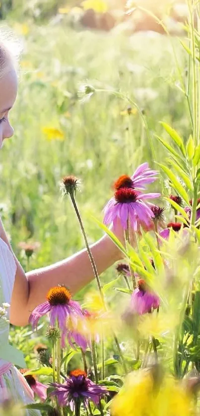 Young child exploring a sunlit field with vibrant wildflowers.