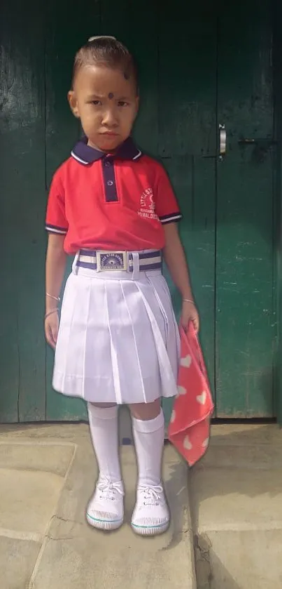 Child in school uniform standing by a doorway.