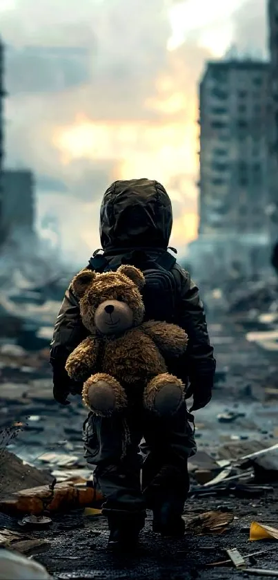 Child holding teddy bear in urban decay setting.