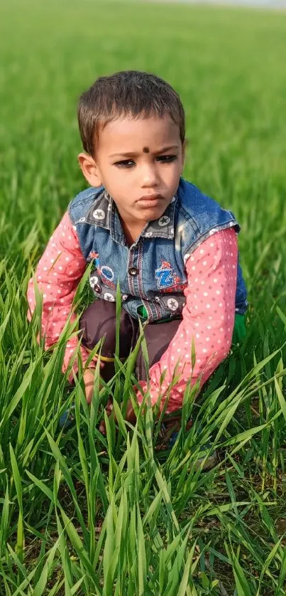 Child in denim jacket sitting in green field on a sunny day.