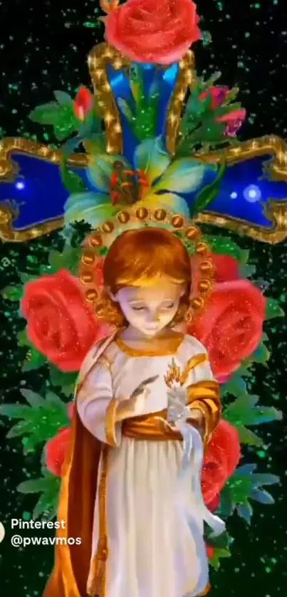 Wallpaper of Child Jesus with roses and a cross in vibrant colors.