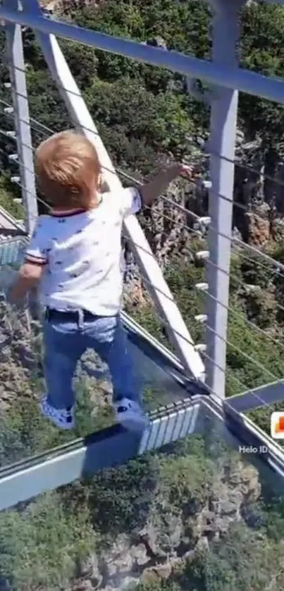 Child walking on a glass bridge above a lush green landscape.