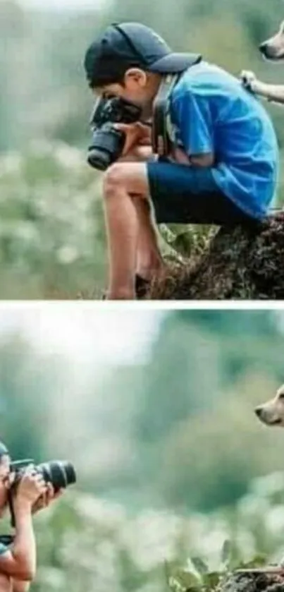 Child photographing dog in a green natural setting.