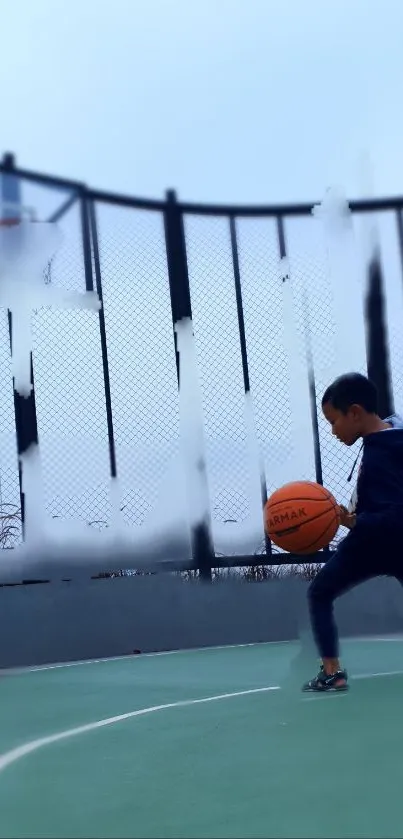 Child dribbling basketball on outdoor court.