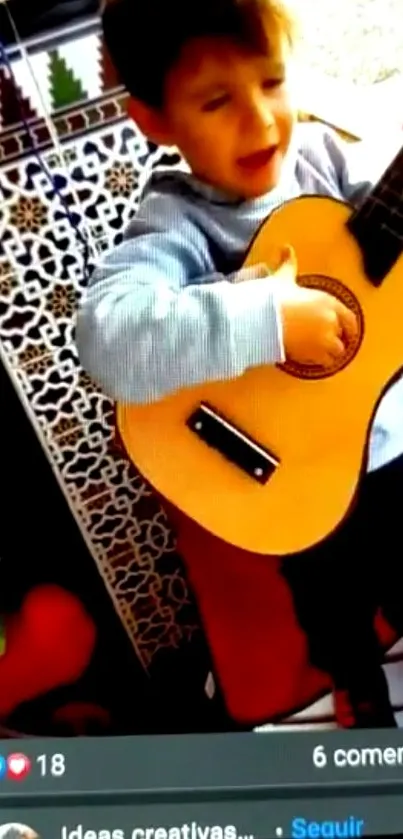 Child joyfully playing acoustic guitar with colorful decor in background.