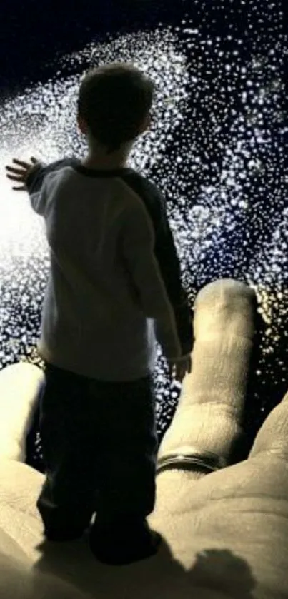 Child stands on hand reaching toward starry galaxy.