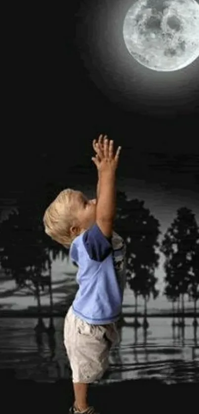 Child reaching towards full moon at night.