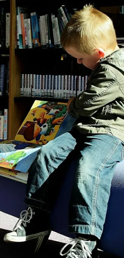 Child reading a book in a library setting, sitting on a cushioned bench.