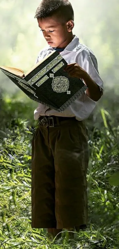 Child reading a book in a lush green forest scene.