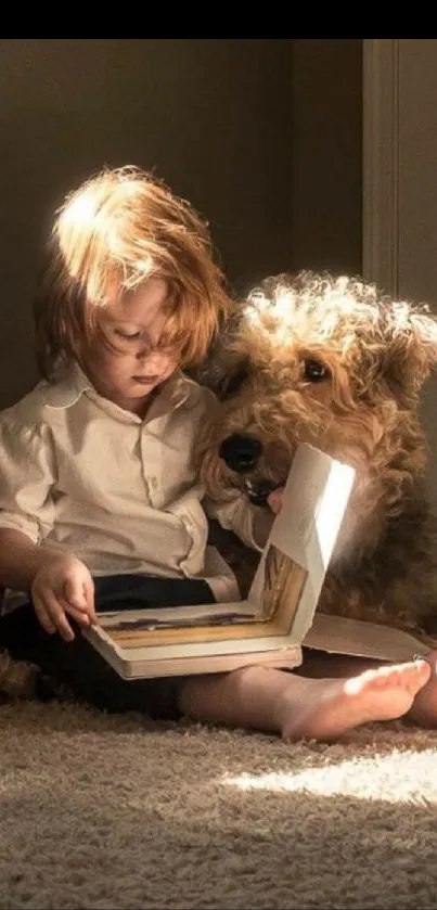 Child reading a book with a dog companion, surrounded by warm light.