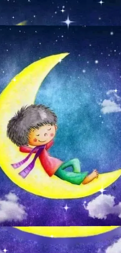 Child relaxing on a crescent moon with a starry night background.