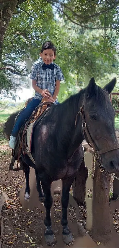 Child riding a horse in a lush forest setting