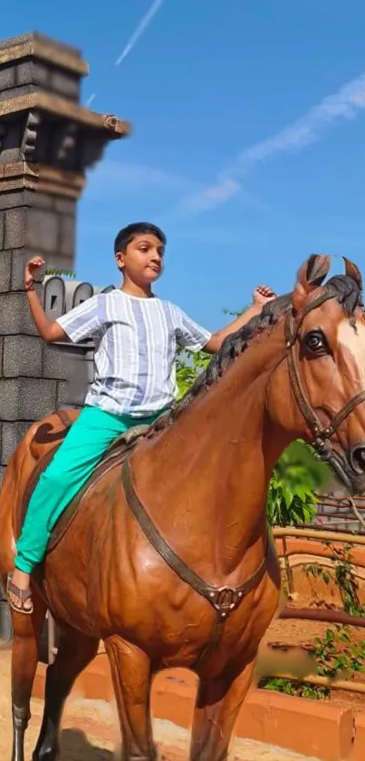 Child riding a realistic horse statue outdoors.