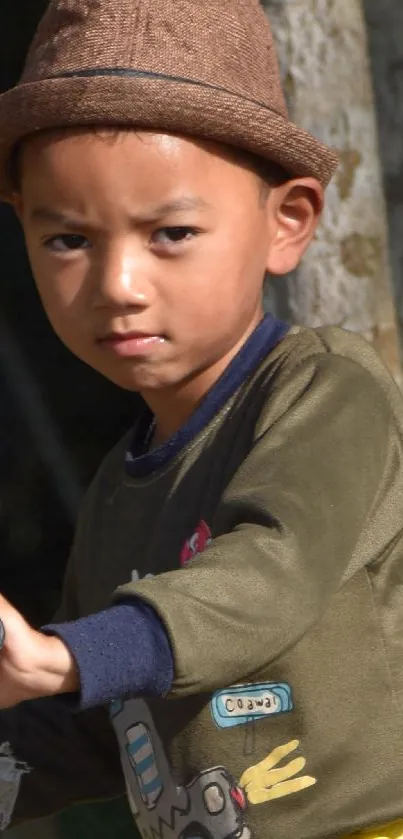 Child in a brown hat rides a toy bike outdoors.