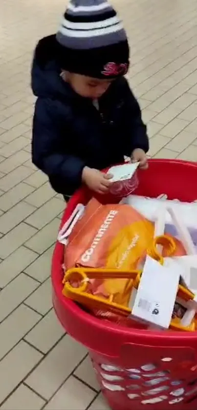 Child with shopping cart in supermarket aisle.