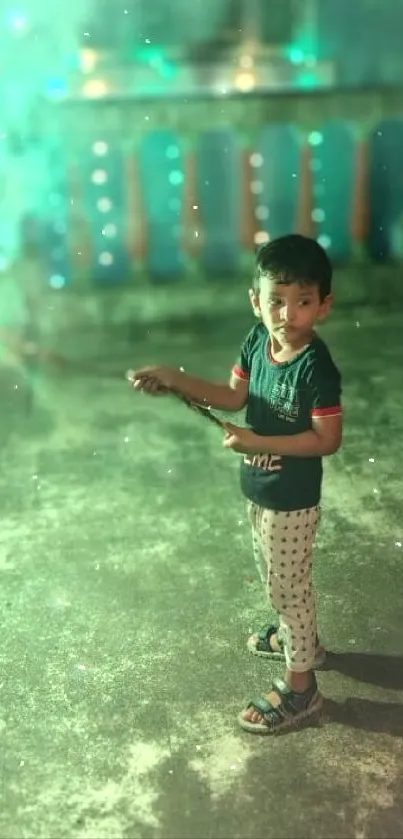 Child holding sparkler at night with festive lights.