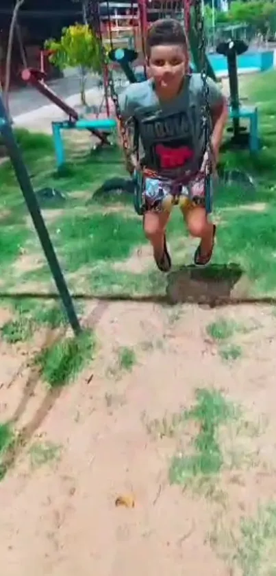 A child swinging joyfully in a colorful playground scene.