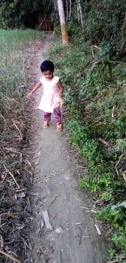 Child walking on a natural path surrounded by greenery.