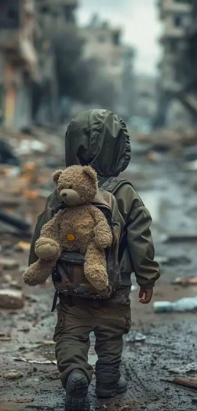 Child with teddy bear walking through urban ruins, creating an emotional scene.