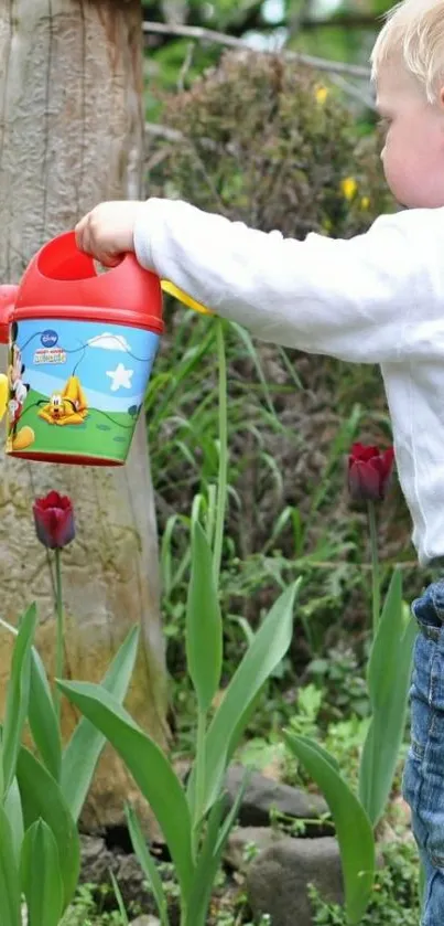 Child watering tulips in a lush garden scene.