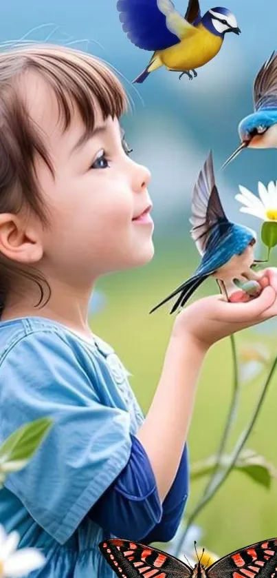 Young girl holding birds with flowers and nature background.