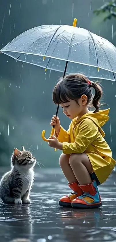Girl shares umbrella with cat in rain.