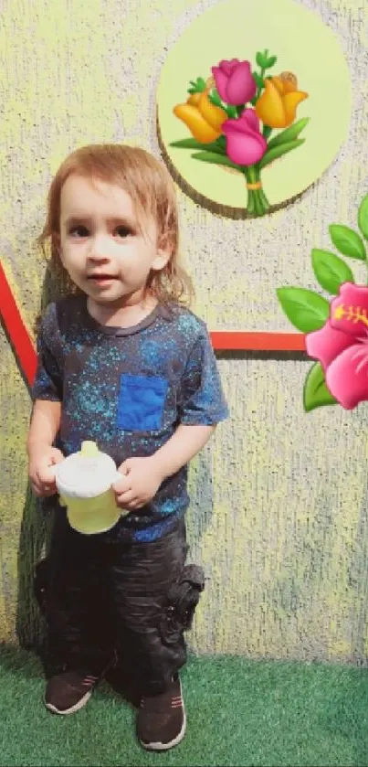 Child stands against a floral backdrop holding a bottle.