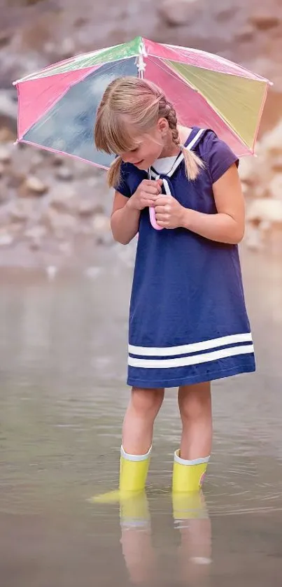 Young girl with colorful umbrella in a creek.