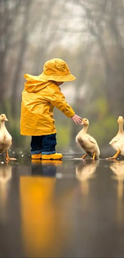 A child in a yellow raincoat stands with ducklings on a rainy day.