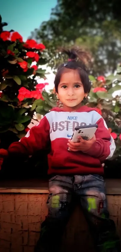 Child with phone among bright red flowers and lush greenery.