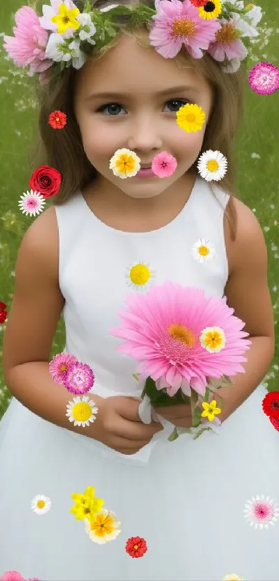 Child with a pink flower crown in a green meadow wearing a white dress.