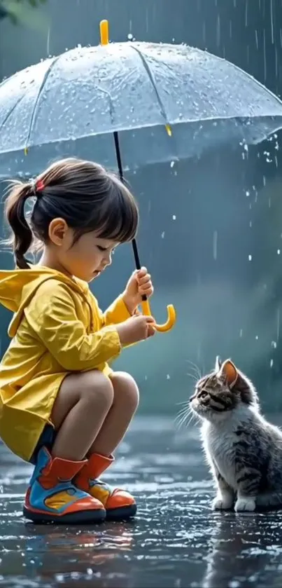Child in yellow raincoat with kitten under umbrella in rain.