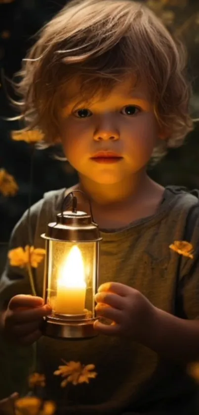 Child holding a lit lantern amidst yellow flowers, creating a warm glow at dusk.