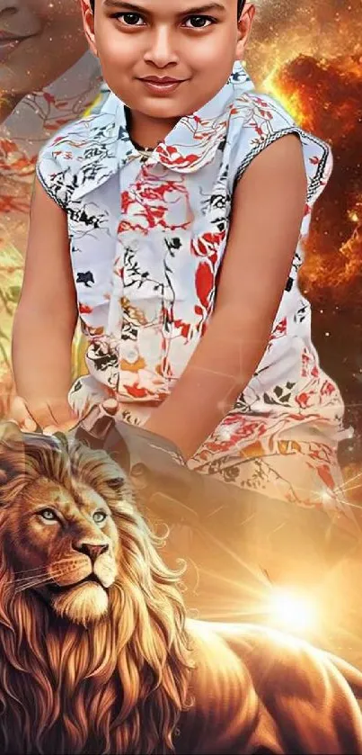 Cosmic lion and child with floral top in a dreamy setting.