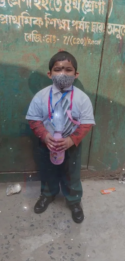 Child with mask holding a pink bottle against a green wall.