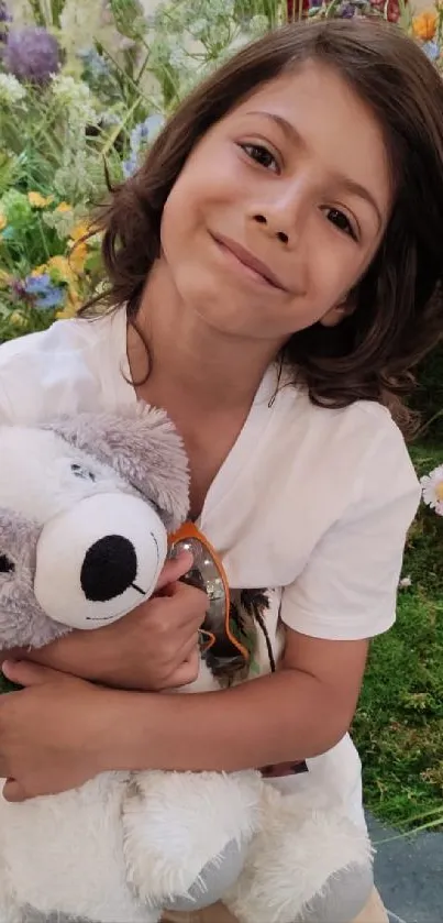 Child holding a teddy bear in a colorful garden scene.