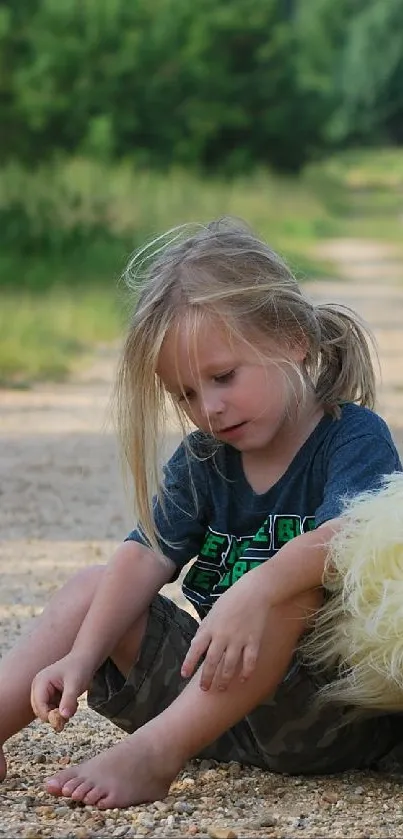 Child sitting with teddy bear on a rustic path surrounded by greenery.