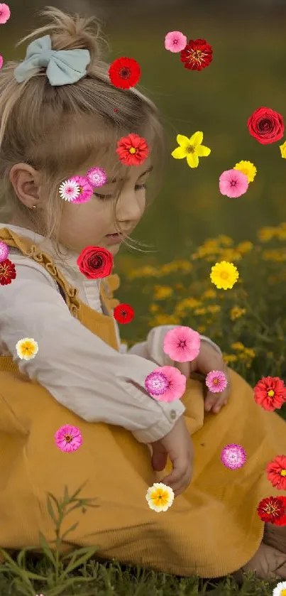 Child in a yellow dress with a toy truck, surrounded by flowers.