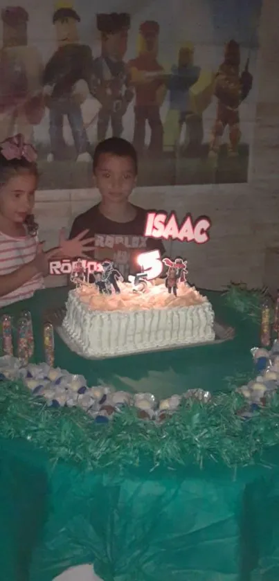 Kids celebrating birthday around a cake.