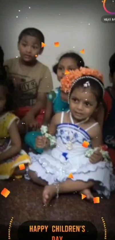 Group of children celebrating Children's Day with decorations.