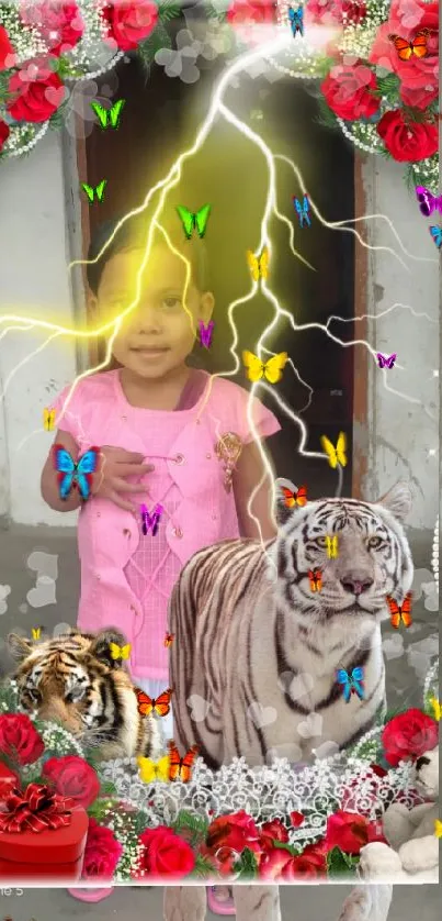 Child with tigers and roses, vibrant lightning effect.