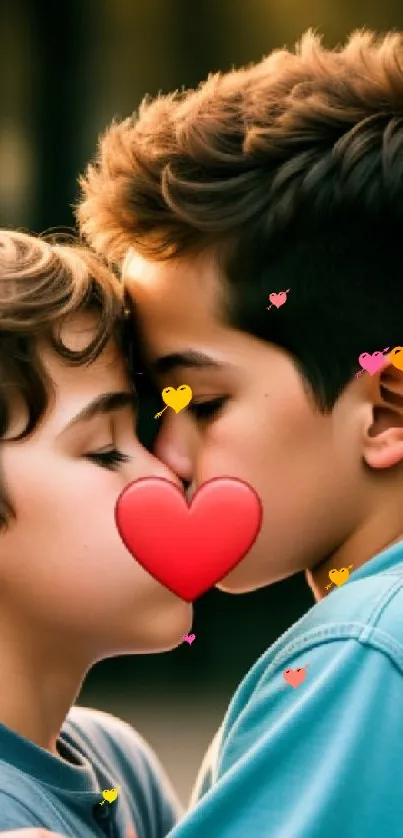 Two children share a heartwarming moment with a heart emoji between them.