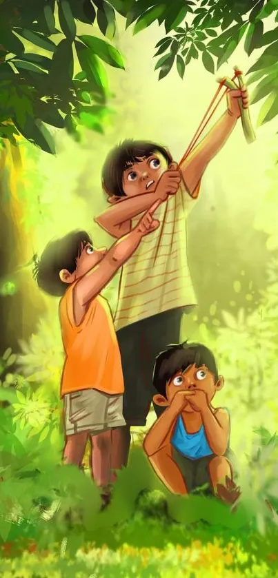 Children playing in a lush green jungle setting.