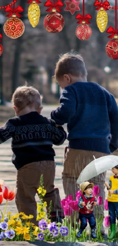 Children walking by a lake with flowers and festive decor.