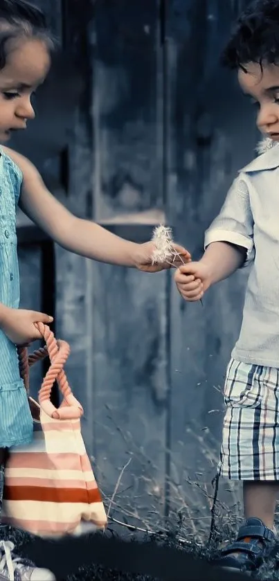 Two children in blue outfits sharing a fluffy seed.