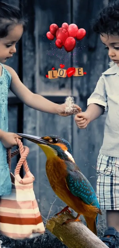 Children with a kingfisher and balloons in a whimsical artistic scene.