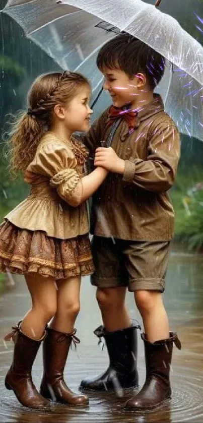 Two children smiling under an umbrella in the rain.