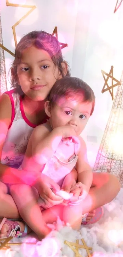 Two children in a pink magical setting with glowing stars.